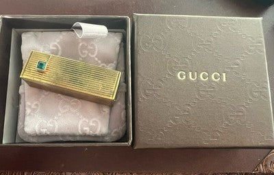 🔴 GUCCI gold laminated lipstick holder with EMERALD stone antique from 1930 RARE 