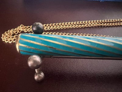 🔴 Penna stilografica collana laccata azzurro spirale dorata con pietra vintage