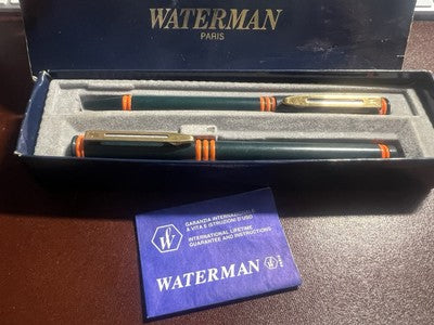 🔴 WATERMAN penna stilografica sfera verde arancione F cofanetto vintage 2 PENNE