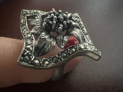 🔴 Anello donna ARGENTO 925 floreale marcassiti misura 18 vintage