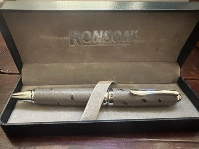 Ronson Stylo-Plume à Bille Gris Cuir Cousu A Main Rotation Vintage NOS