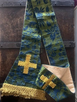 🔴 STOLA LITURGICA cattolica ricamata a mano broccato verde blu Croci XIX/XX sec