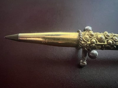 🔴 Penna sfera metallo dorato bassorilievi cabochon turchese astuccio vintage