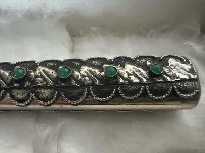 Vintage Kugelschreiber Versilbert Mit Grünen Cabochon-Steinen Handarbeit