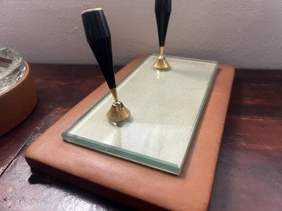 Base Stylo-Plume Bureau Sphère Stylo à Plume Cuir Et Cendrier Cristal Vintage