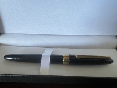 🔴 Penna stilografica celluloide nera pulsante fondo pennino F scrive vintage 40
