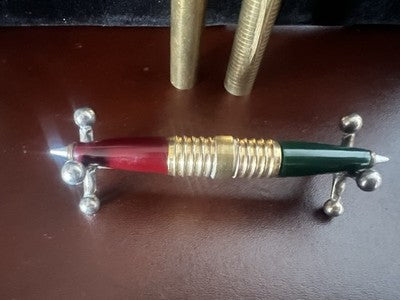Amerikanischer Stylo-Plume à Bille Double Face Rouge Vert Métal Doré Couleur Vintage 