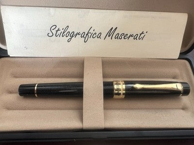 🔴 MASERATI penna stilografica resina nera iridescente blu profili dorati NOS