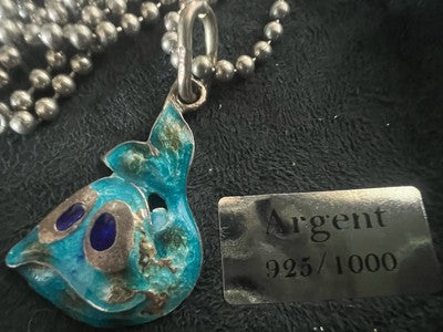 🔴 Collana ARGENTO MASSICCIO 925 con ciondolo pesce smalti azzurri vintage