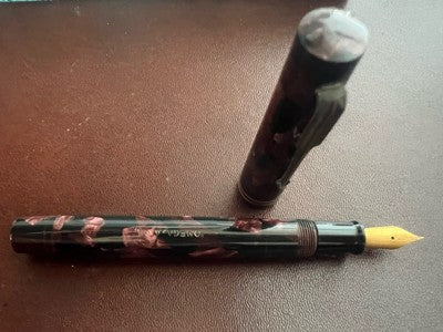 🔴 OMEGA penna stilografica celluloide bordeaux A.V.M a pulsante scrive vintage