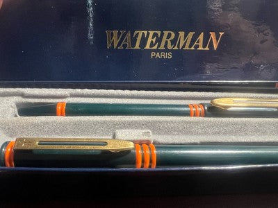 🔴 WATERMAN penna stilografica sfera verde arancione F cofanetto vintage 2 PENNE