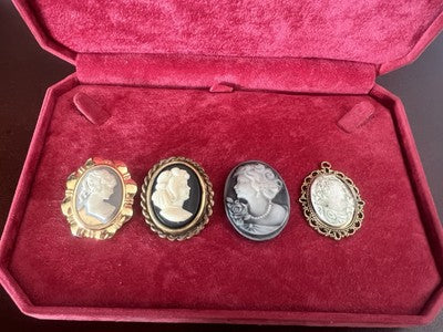 Camées Italiens Collier Pendentif Broche Pierres Naturel 4 Pz Vintage