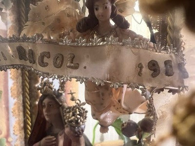 🔴 Madonna Miracoli ceroplastica angeli e ornamenti fiori con teca antica 1915
