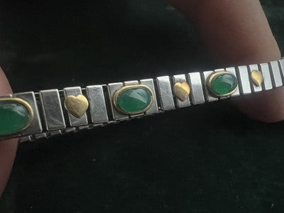 🔴 BRACCIALE elastico acciaio cuori ORO 18 KT radici cabochon smeraldo