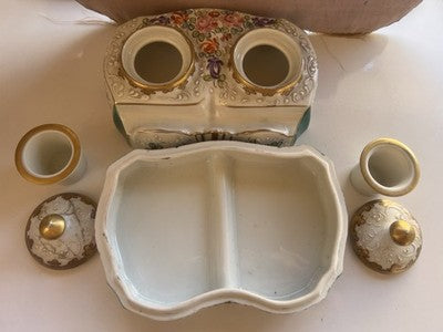 Limoges Encrier Porcelaine Peinte A Main Complet Vintage Fine 1800