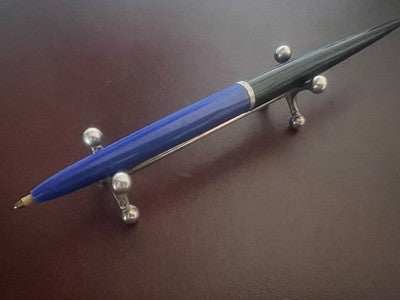 Bic Pen Ball Penholder Blue Black Desk With Ring Chrome Vintage