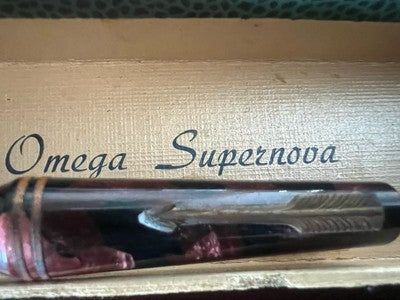 🔴 OMEGA penna stilografica celluloide bordeaux A.V.M a pulsante scrive vintage