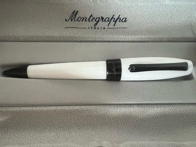 🔴 MONTEGRAPPA penna sfera Fortuna White resina bianca metallo brunito NOS