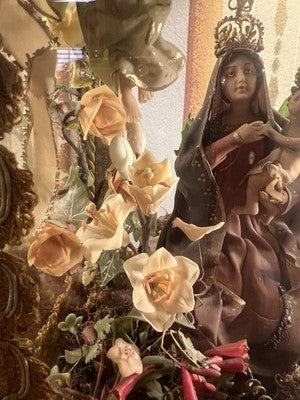 🔴 Madonna Miracoli ceroplastica angeli e ornamenti fiori con teca antica 1915