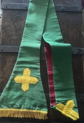 🔴 Stola liturgica cattolica broccato verde con croci dorate XIX/XX secolo