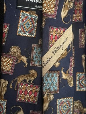 🔴 SALVATORE FERRAGAMO cravatta seta blu animali leoni ghepardi elefanti vintage