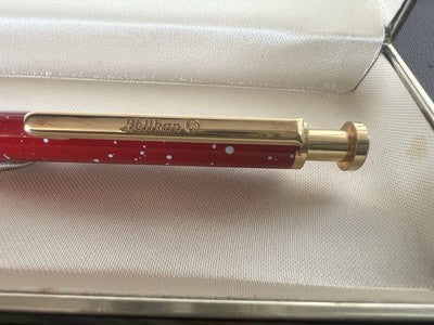 🔴 PELIKAN penna sfera lacca rossa pois profili dorati a scatto scrive vintage