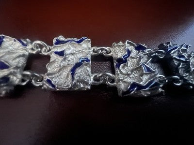 🔴 Bracciale ARGENTO 800 lingotti cesellati smalti blu cobalto Italy vintage