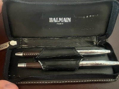 Balmain Set Stift Kugel Und Roller Leder Gold-Finish Hand Brown Chrom Vintage