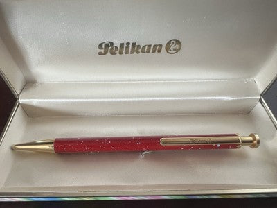 🔴 PELIKAN penna sfera lacca rossa pois profili dorati a scatto scrive vintage
