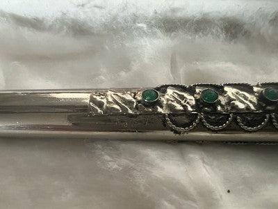 Stylo-Plume à Bille Vintage Plaqué Argent Pierres Cabochon Vert Maille Main