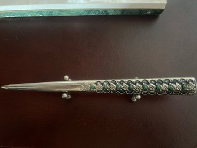 Vintage Silver Plated Ballpoint Pen With Green Cabochon Stones Handmade