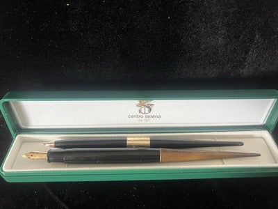 🔴 Penna stilografica stiloforo pennino ORO 14 KT M e sfera scrivania vintage