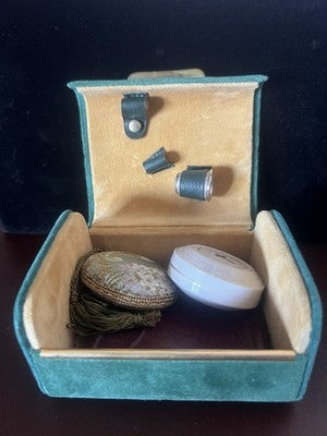 Set Sewing Holy Rosary Meter Thimble Needle Threaders Travel Pouch Vintage