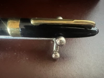 🔴 Penna stilografica celluloide nera pulsante fondo pennino F scrive vintage 40