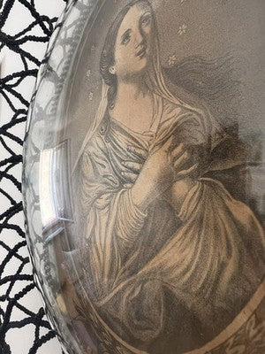 Heilige Teresa-Gravur auf Kupfer, Glaskuppel, Stickerei mit Mikroperlen, Antik, 1800 