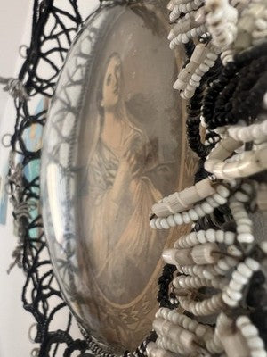🔴 SAINT TERESA copper engraving curved glass microbead embroidery antique 1800 