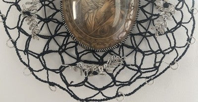 🔴 SAINT TERESA copper engraving curved glass microbead embroidery antique 1800 