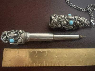 Stylo-Plume Sphère Mini Télescopique Rétractable Cabochon Turquoise Rétro 1940