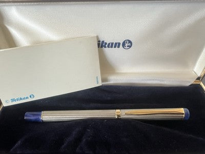 🔴 PELIKAN penna sfera Michelangelo cromata satinata righe e blu scrive vintage