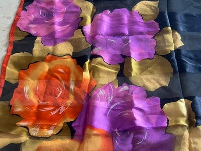 Balmain Foulard Woman Silk 85x88 CM Black with Flowers Rose with Box Vintage