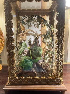 🔴 Madonna Miracoli ceroplastica angeli e ornamenti fiori con teca antica 1915