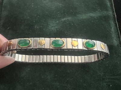 Red Elastic Bracelet Steel Hearts 18 KT Gold Roots Emerald Cabochon