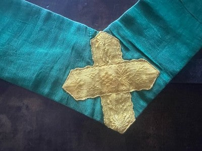 🔴 Stola liturgica cattolica broccato verde con croci dorate XIX/XX secolo