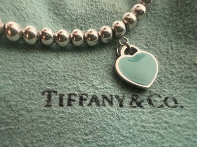 TIFFANY &amp; CO. Pulsera De Pearls De Plata 925 Charm Corazón Esmaltado Vintage 