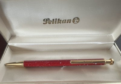 🔴 PELIKAN penna sfera lacca rossa pois profili dorati a scatto scrive vintage