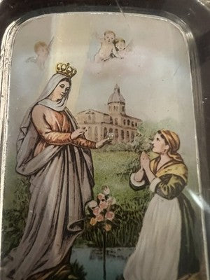 Santino Reliquary Glass Pressed Appearing Madonna W. Maria Vintage