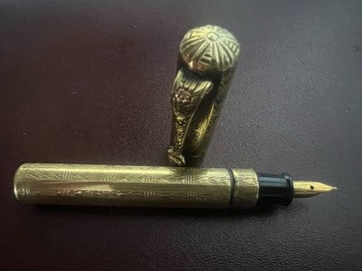 🔴 Penna stilografica placcata oro eyedropper Art Nouveau scrive antica 1915