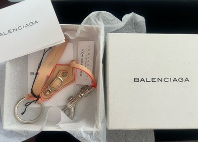 🔴 BALENCIAGA portachiavi pelle naturale bordi arancione fluo scatola garanzia