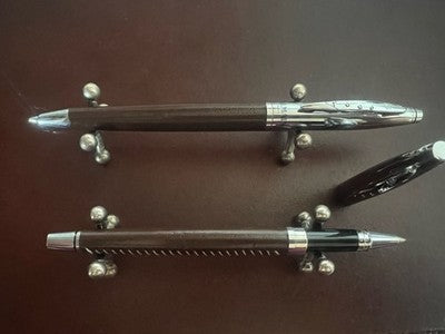 Balmain Set Stylo-Plume Sphère Et Roller Cuir Finis Main Marron Chrome Vintage