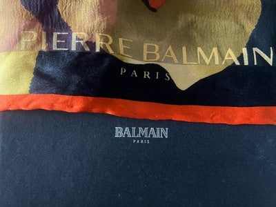 Balmain Foulard Woman Silk 85x88 CM Black with Flowers Rose with Box Vintage 